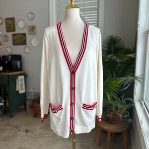 Land's End Red & Navy Tipping Cotton Cardigan Sweater Size L (14-16)